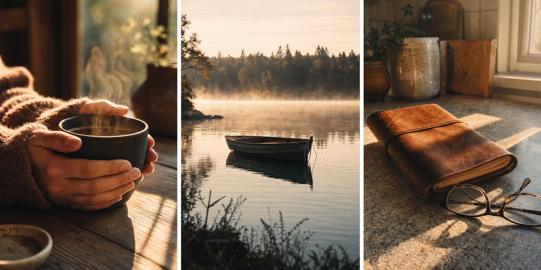 A warm triptych: hands cradling a steaming mug of coffee in morning light, a small wooden boat resting on calm misty water at dawn, and a leather journal with reading glasses on a quiet windowsill.