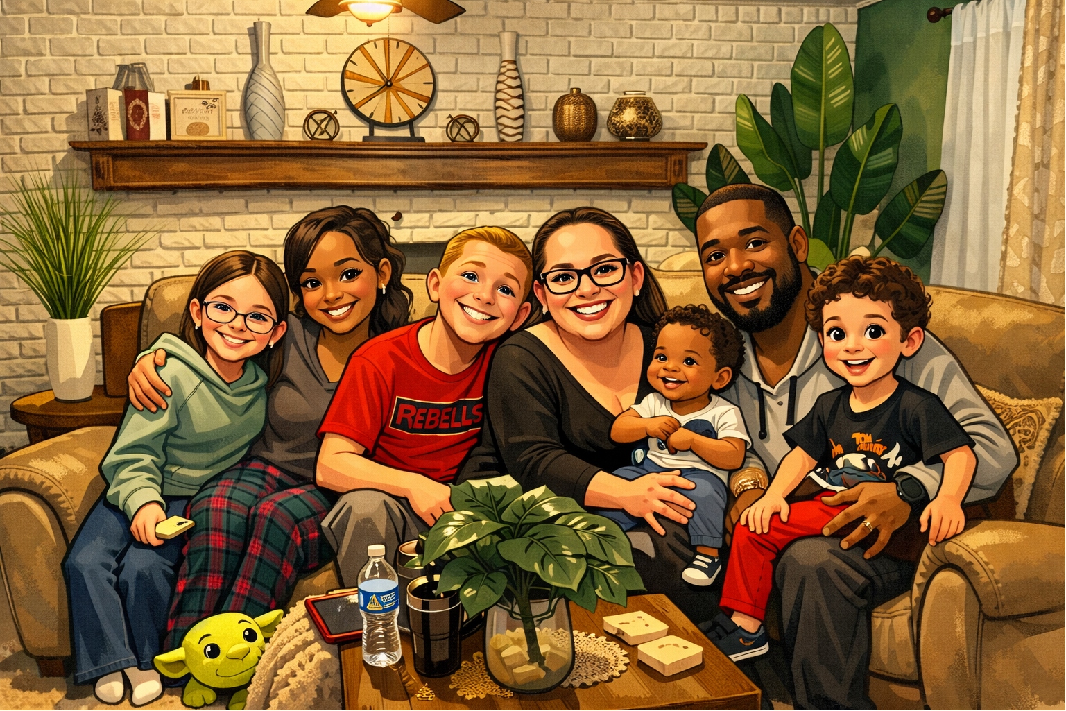 Illustrated family portrait of all seven family members on a living room couch.